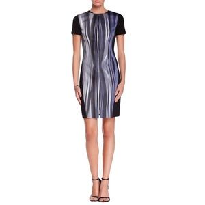 Elie Tahari Gray Blue Black Abstract Striped Zipper Sheath Dress Short Sleeve 10